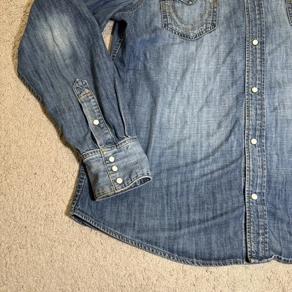 True Religion Jake Denim‎ Western Shirt Mens Blue Pearl Snap LS 3XL (Fits XL)